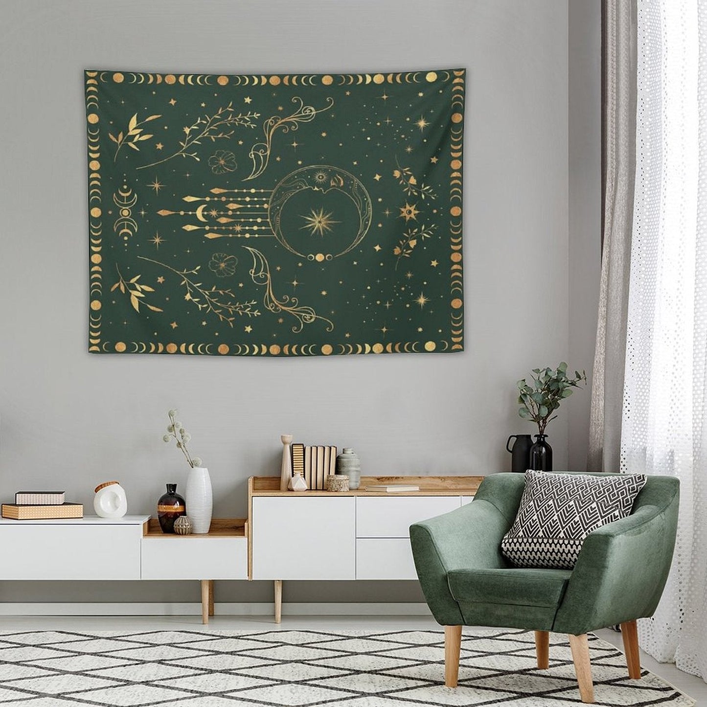 Sage Green & Gold Moon Tapestry
