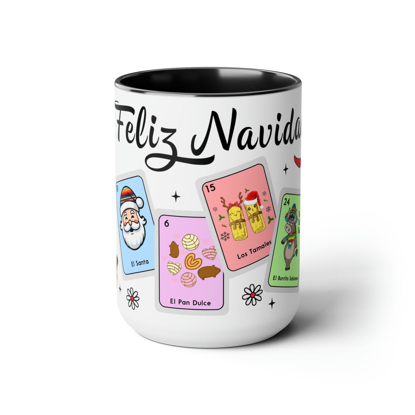 Feliz navidad Coffee Mugs, 15oz for Mexican family or Latin friend. Mexica cup for him or her. El burrito sabanero, los tamales, el Santa.
