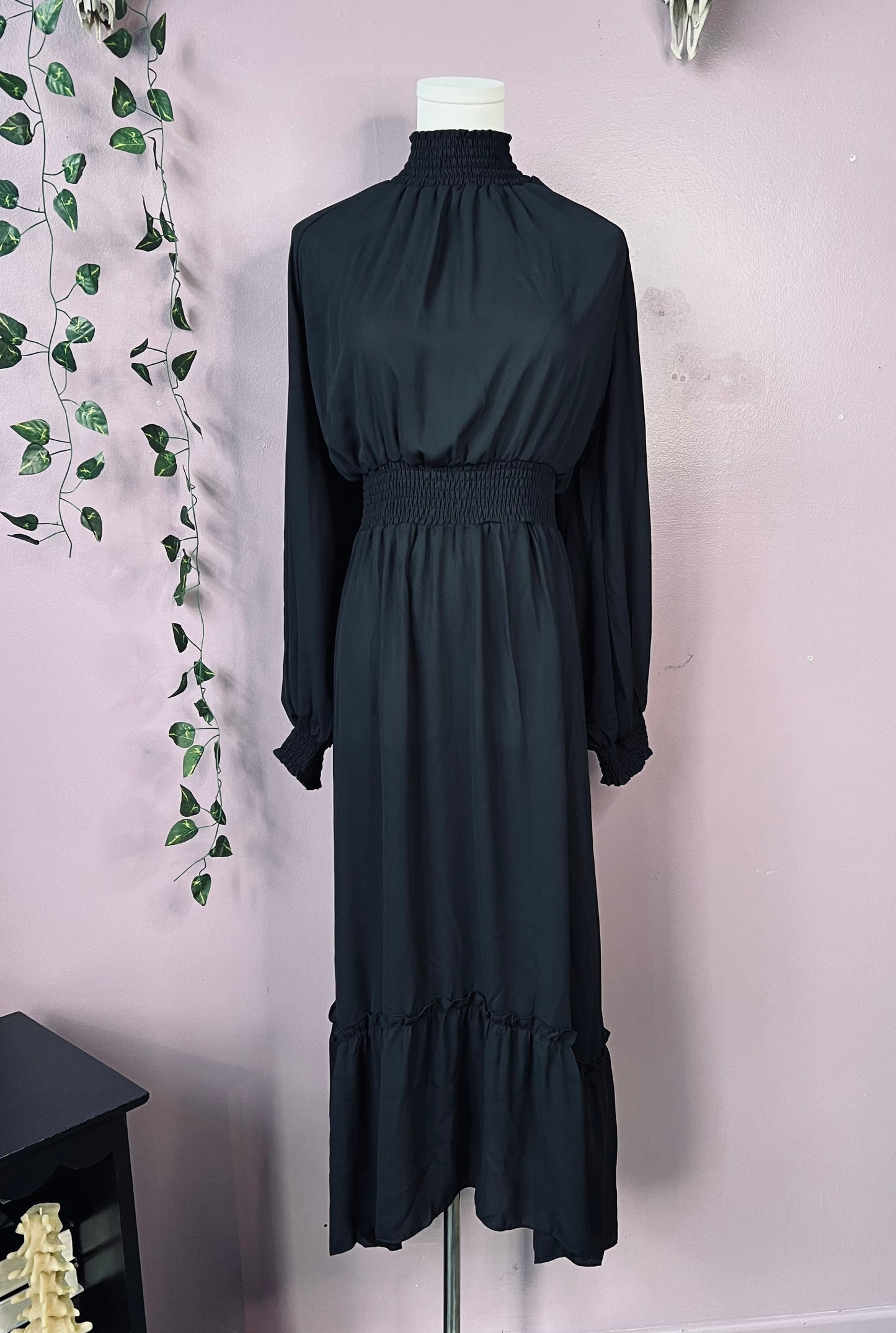 Classic Boho Shirred Black Dress