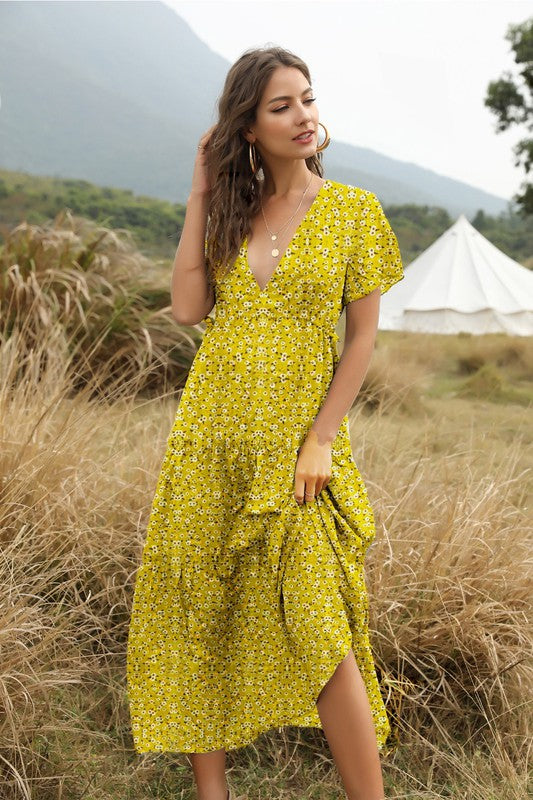 V neck floral tiered midi dress