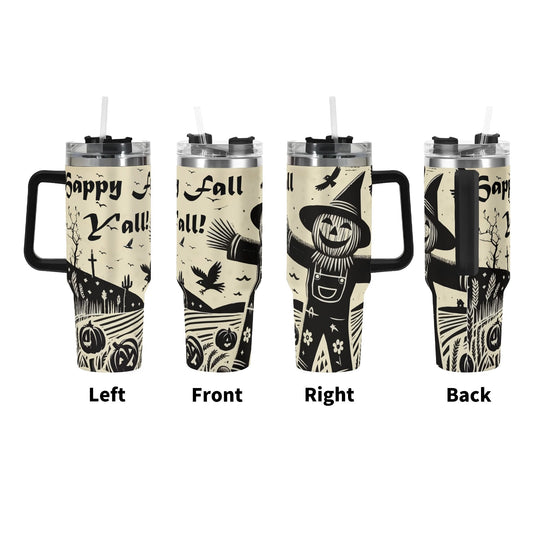 Happy Fall Y'all Scarecrow 40oz Stainless Steel Tumbler With Black Handle (Made in USA)