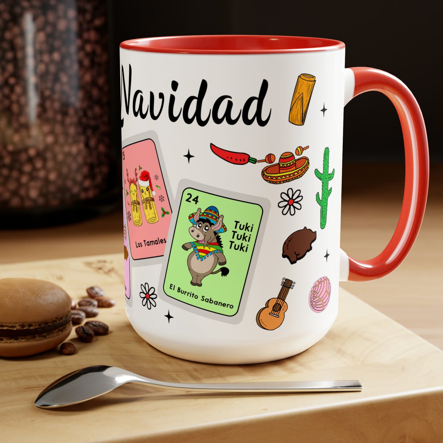 Feliz navidad Coffee Mugs, 15oz for Mexican family or Latin friend. Mexica cup for him or her. El burrito sabanero, los tamales, el Santa.