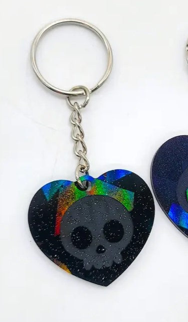 Holographic Skull Heart Key Chain