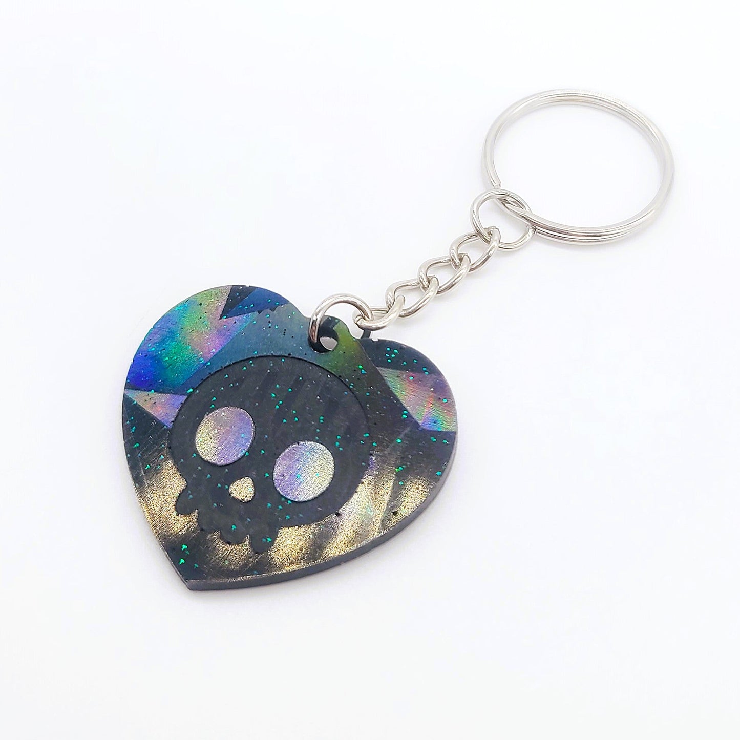 Holographic Skull Heart Key Chain