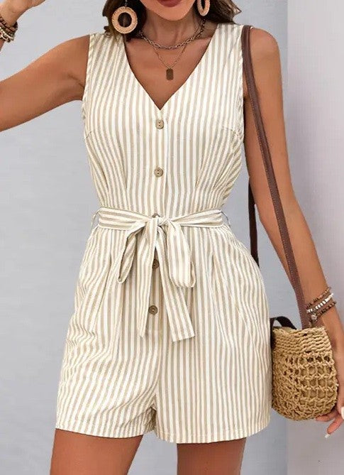 Sleeveless Striped Tie-Waist Romper