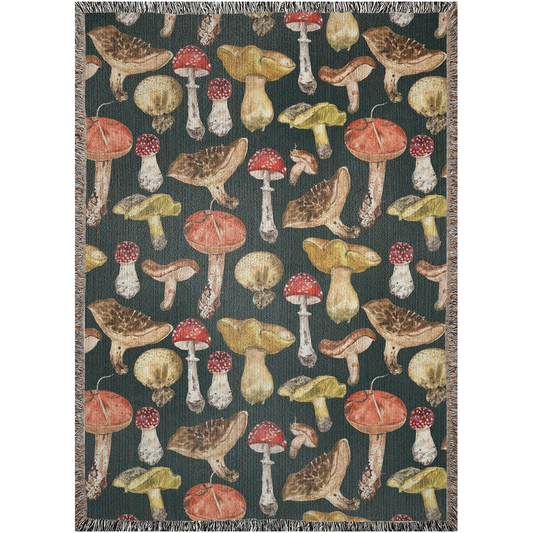 Mushroom Woven Blankets. Gift For Mushrooms Lover. Throw blanket with red mushroom, brown mushrooms and more. Cottagecore tapestry blanket