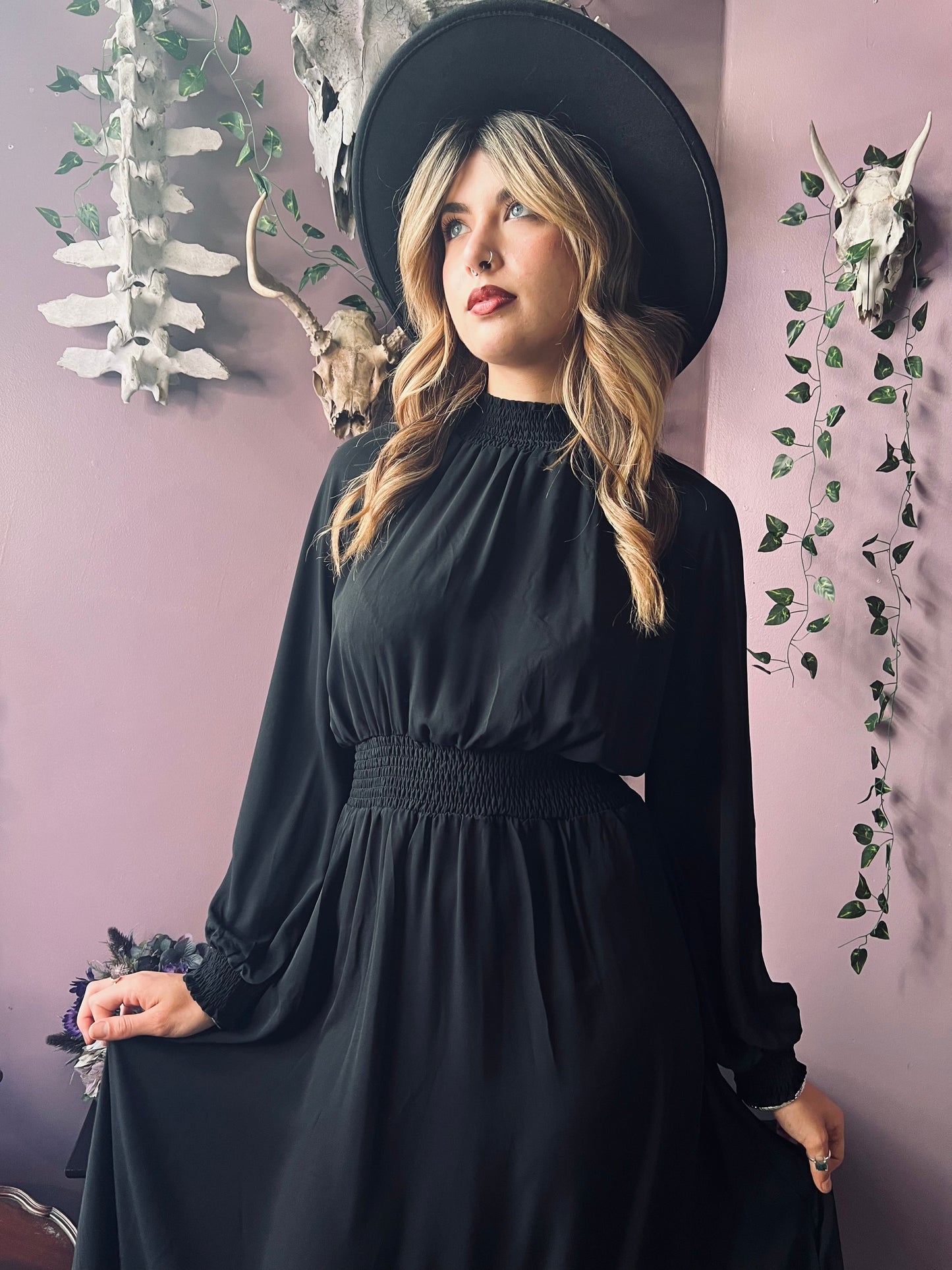 Classic Boho Shirred Black Dress