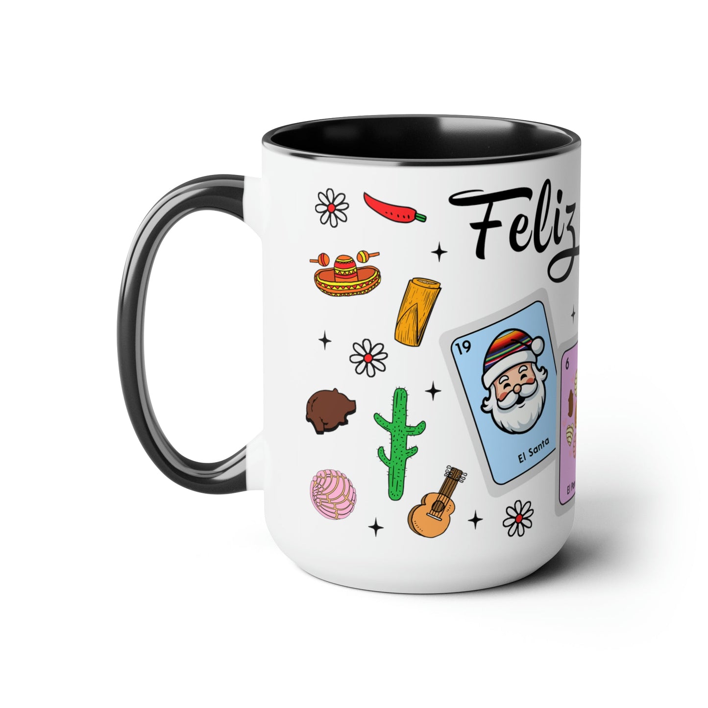 Feliz navidad Coffee Mugs, 15oz for Mexican family or Latin friend. Mexica cup for him or her. El burrito sabanero, los tamales, el Santa.