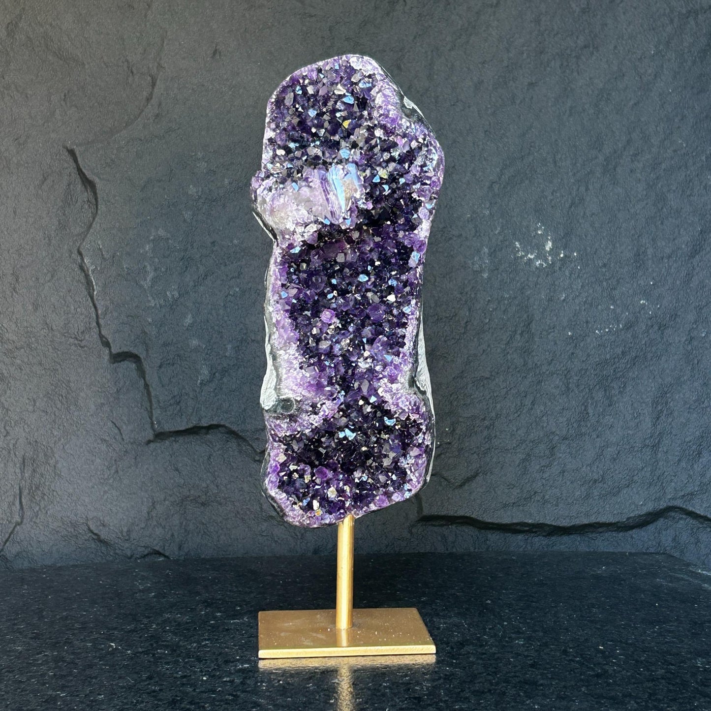 Lg. Amethyst Statement Piece, Golden Metal Stand - (URUGUAY) Ethically Sourced