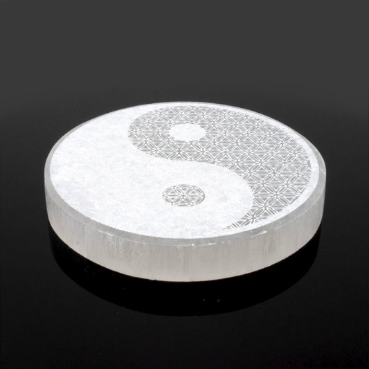 Selenite Disc - Engraved Yin Yang (Morocco) - Sacred Geometry - Sustainably Harvested
