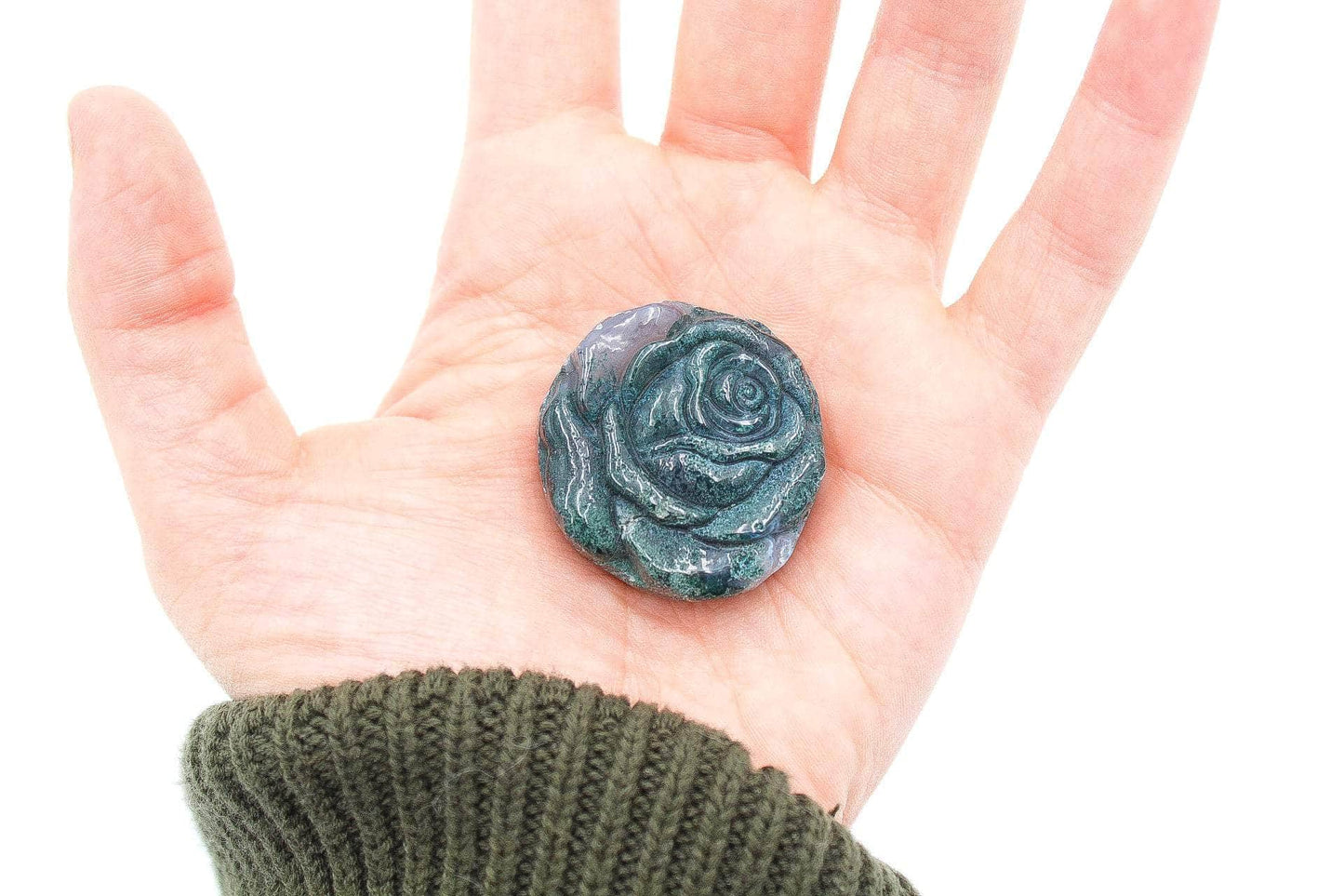 Moss Agate Carved Rose 1.25"