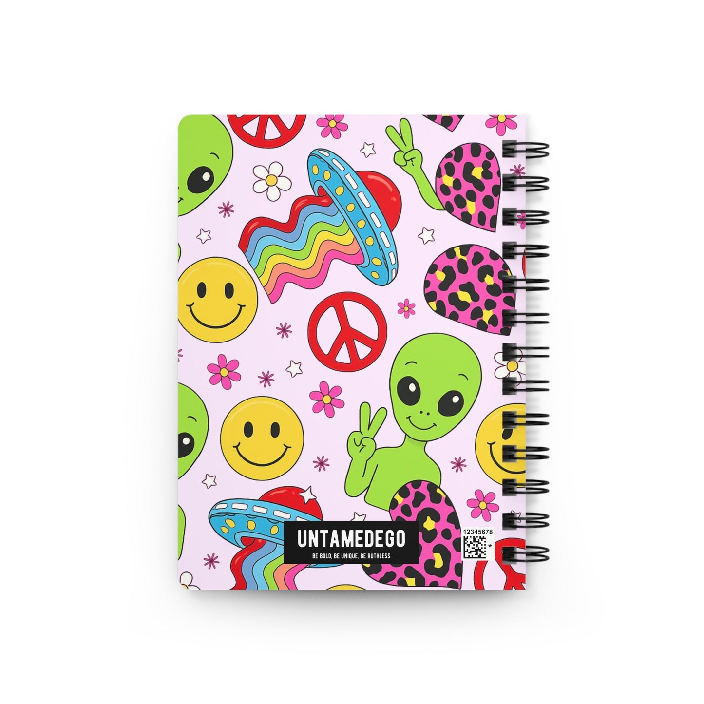 Groovy Alien Peace Spiral Bound Journal – Retro 90s Smiley UFO & Rainbow Notebook Spiral Bound Journal