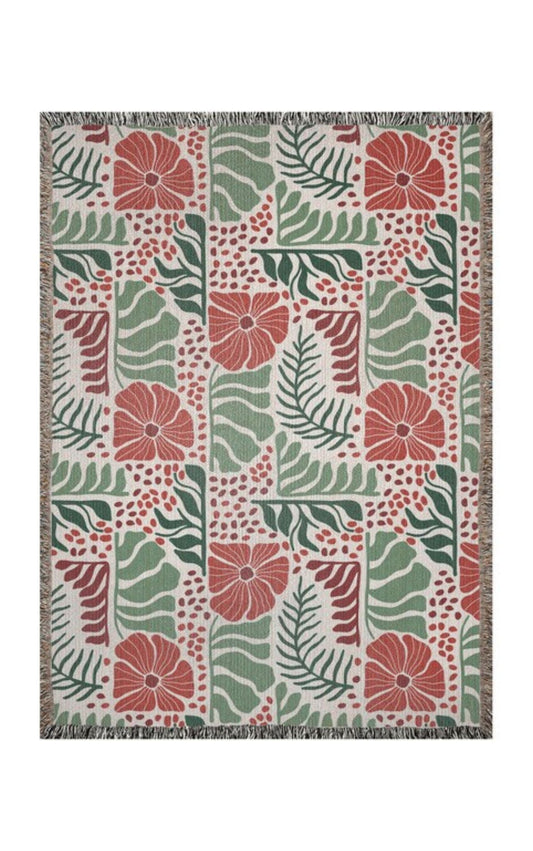 Abstract floral and leaves woven blanket 50x60” clearance Matisse Flowers Woven Blanket with red flowers.