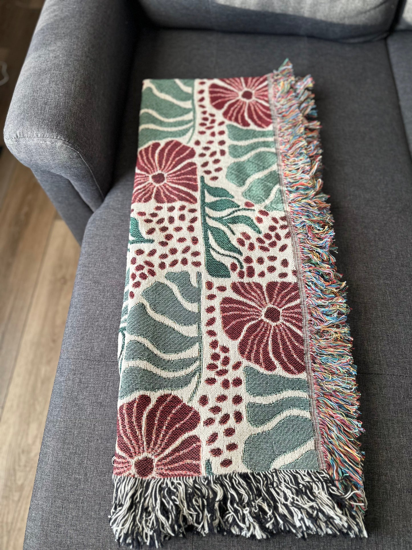 Abstract floral and leaves woven blanket 50x60” clearance Matisse Flowers Woven Blanket with red flowers.