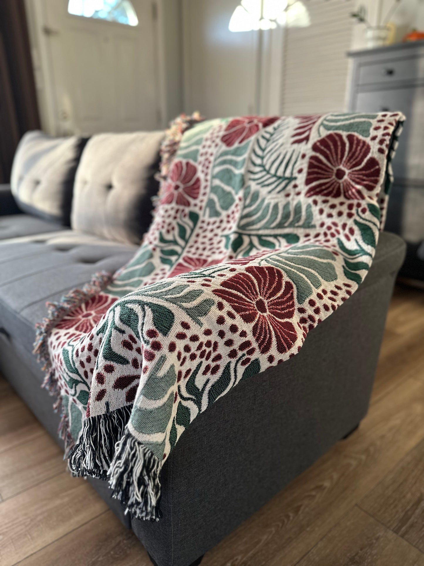Abstract floral and leaves woven blanket 50x60” clearance Matisse Flowers Woven Blanket with red flowers.