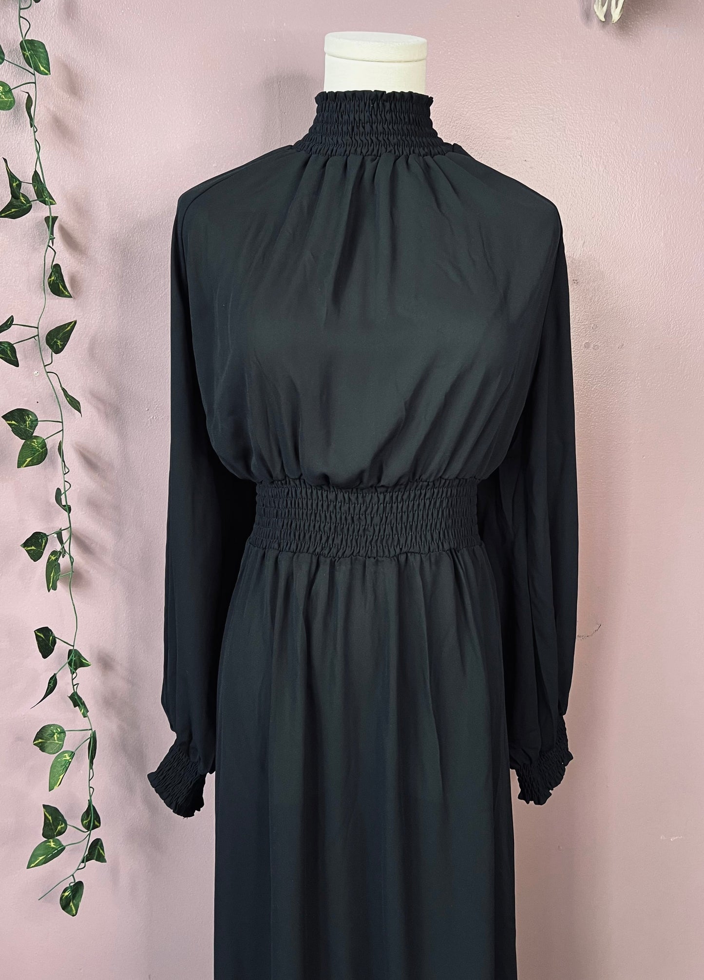 Classic Boho Shirred Black Dress