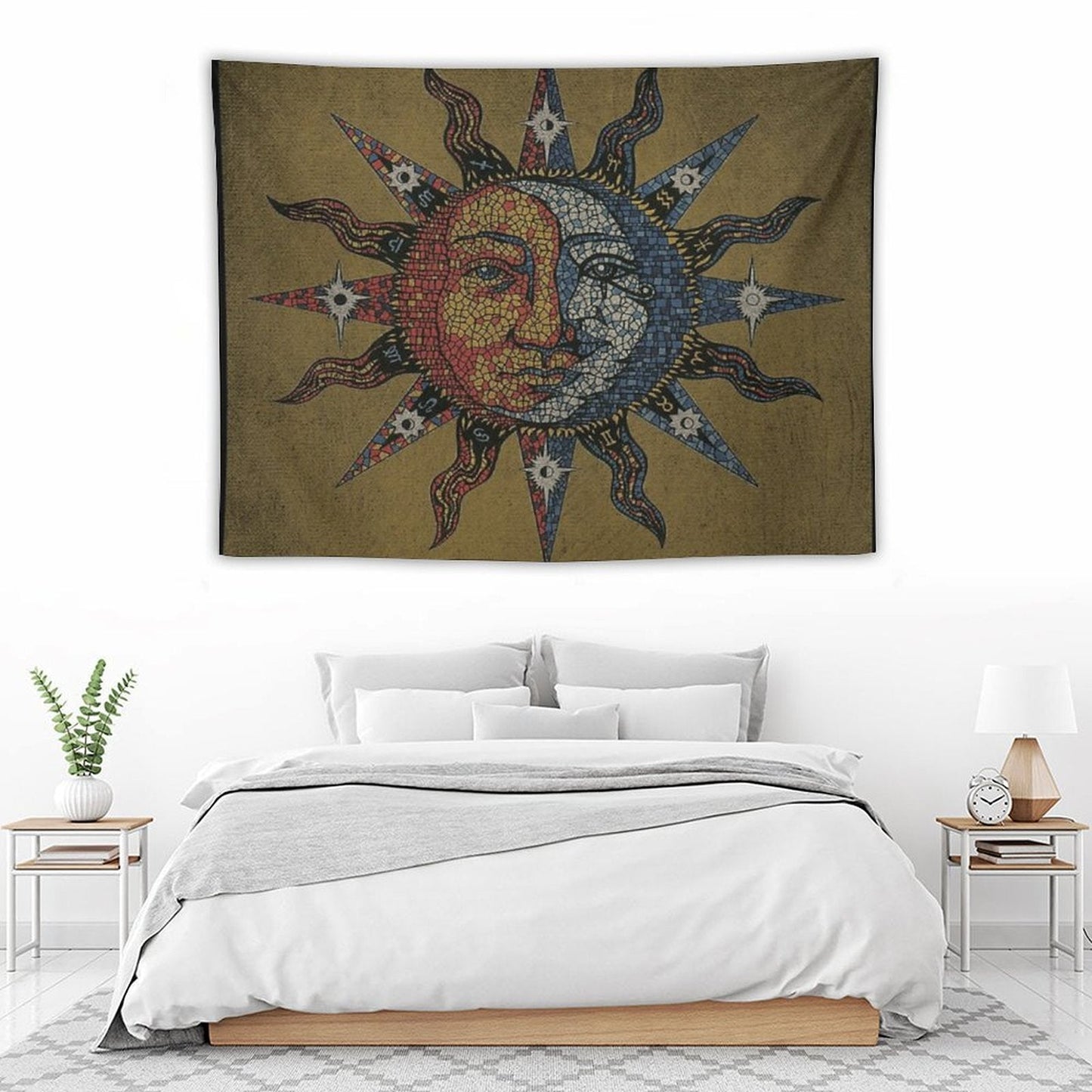 Vintage Celestial Mosaic Sun & Moon Tapestry