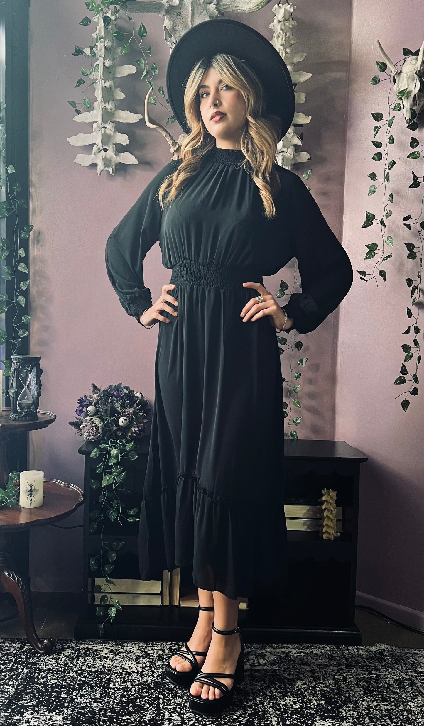 Classic Boho Shirred Black Dress