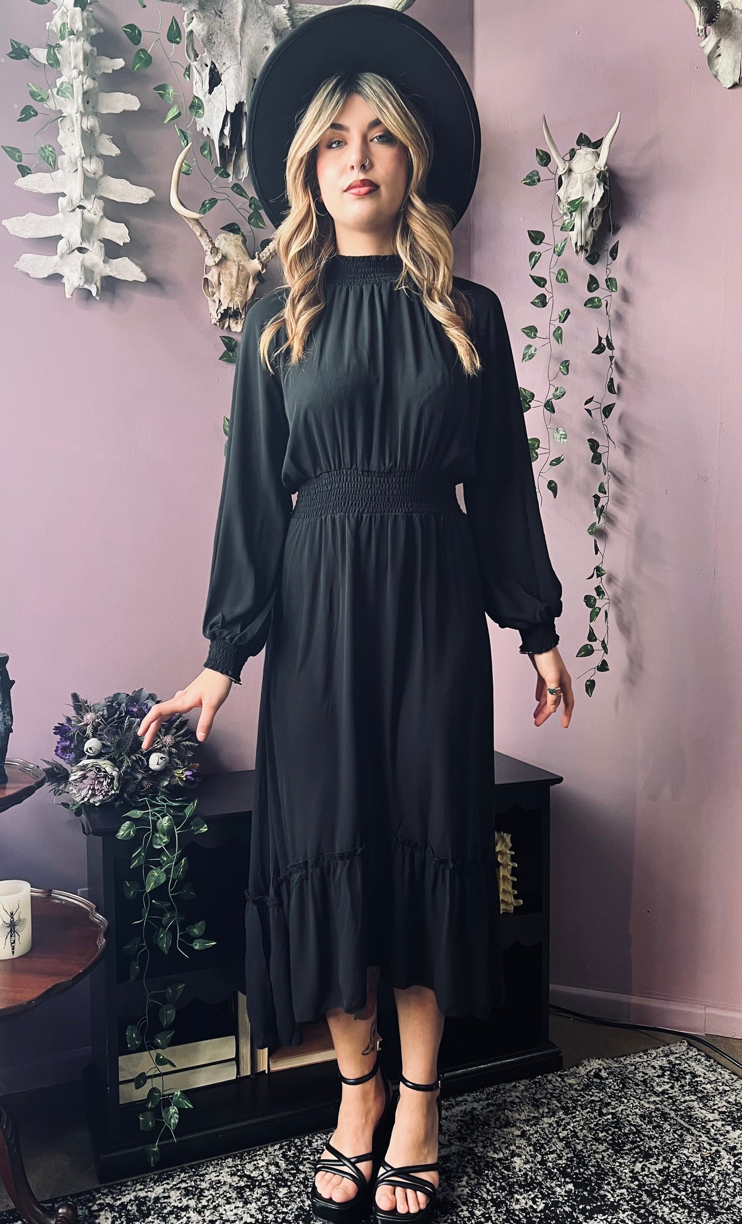 Classic Boho Shirred Black Dress