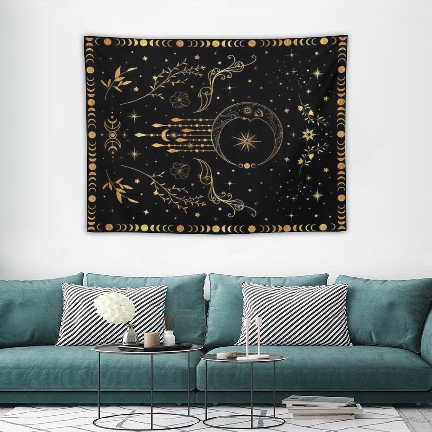 Celestial Moon with Floral Accents Tapestry