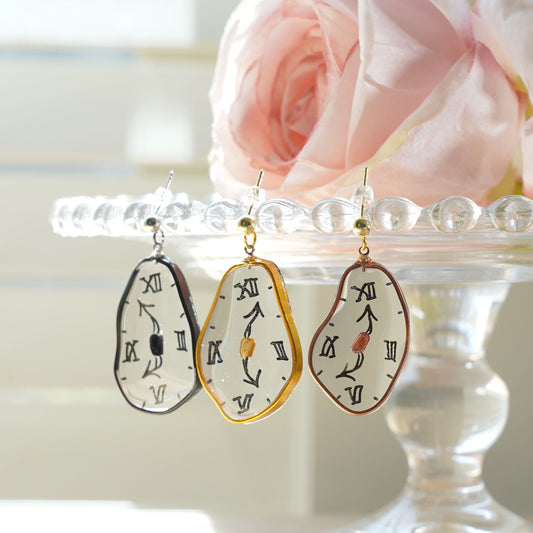 XL Melting Clocks Dangle Earrings | Hand-painted Dali's Soft Watches Earrings | Resin 925 Silver Modern Art Fun Earrings