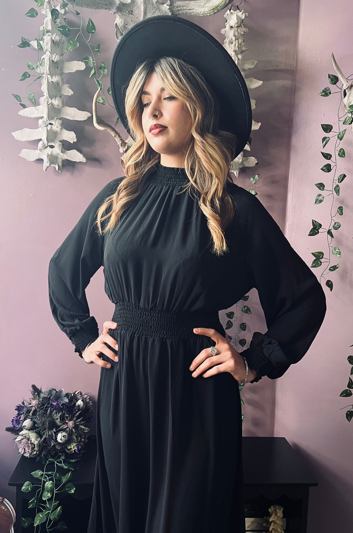 Classic Boho Shirred Black Dress