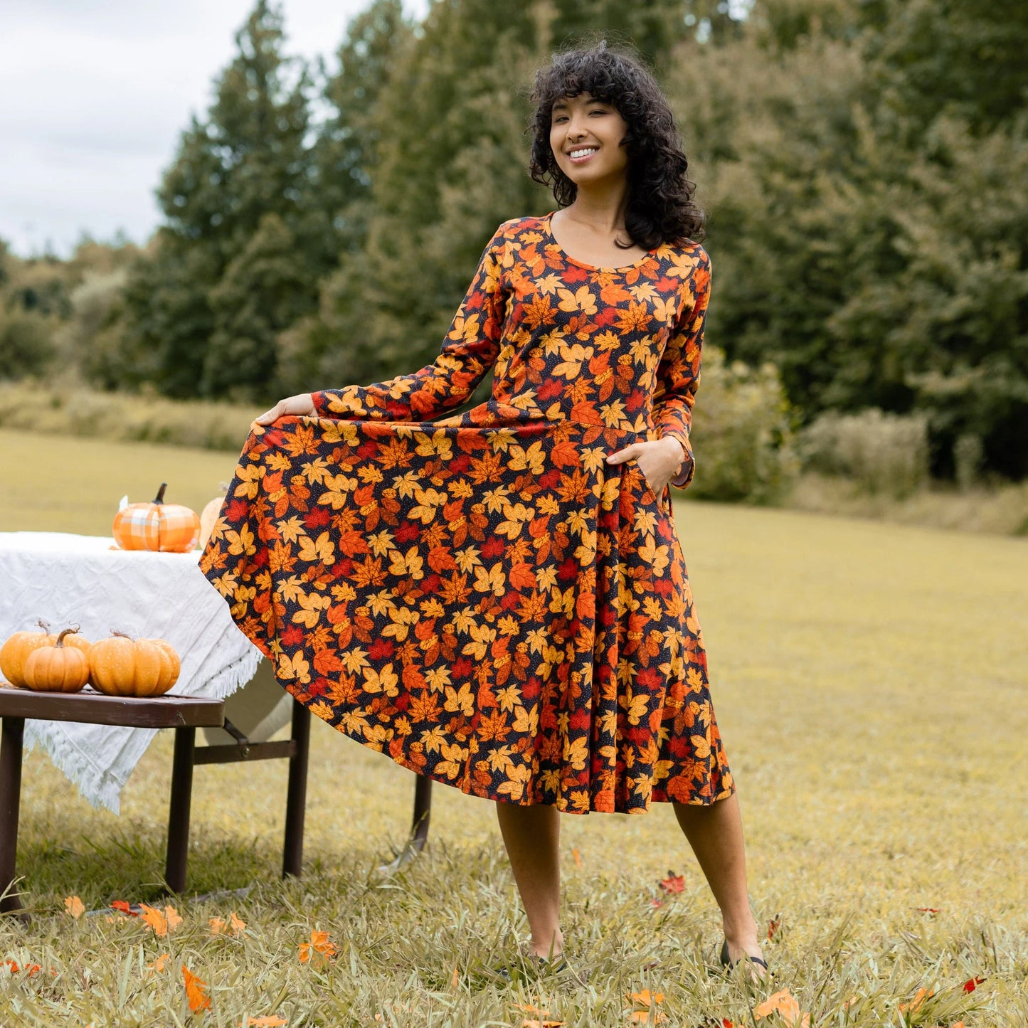 Autumn Leaves Long Sleeve Twirl Dress