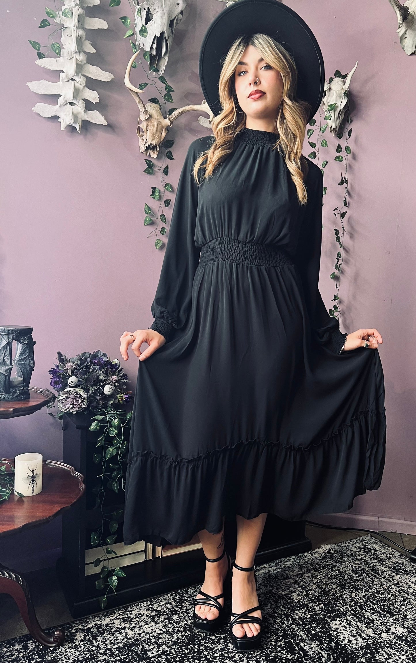 Classic Boho Shirred Black Dress