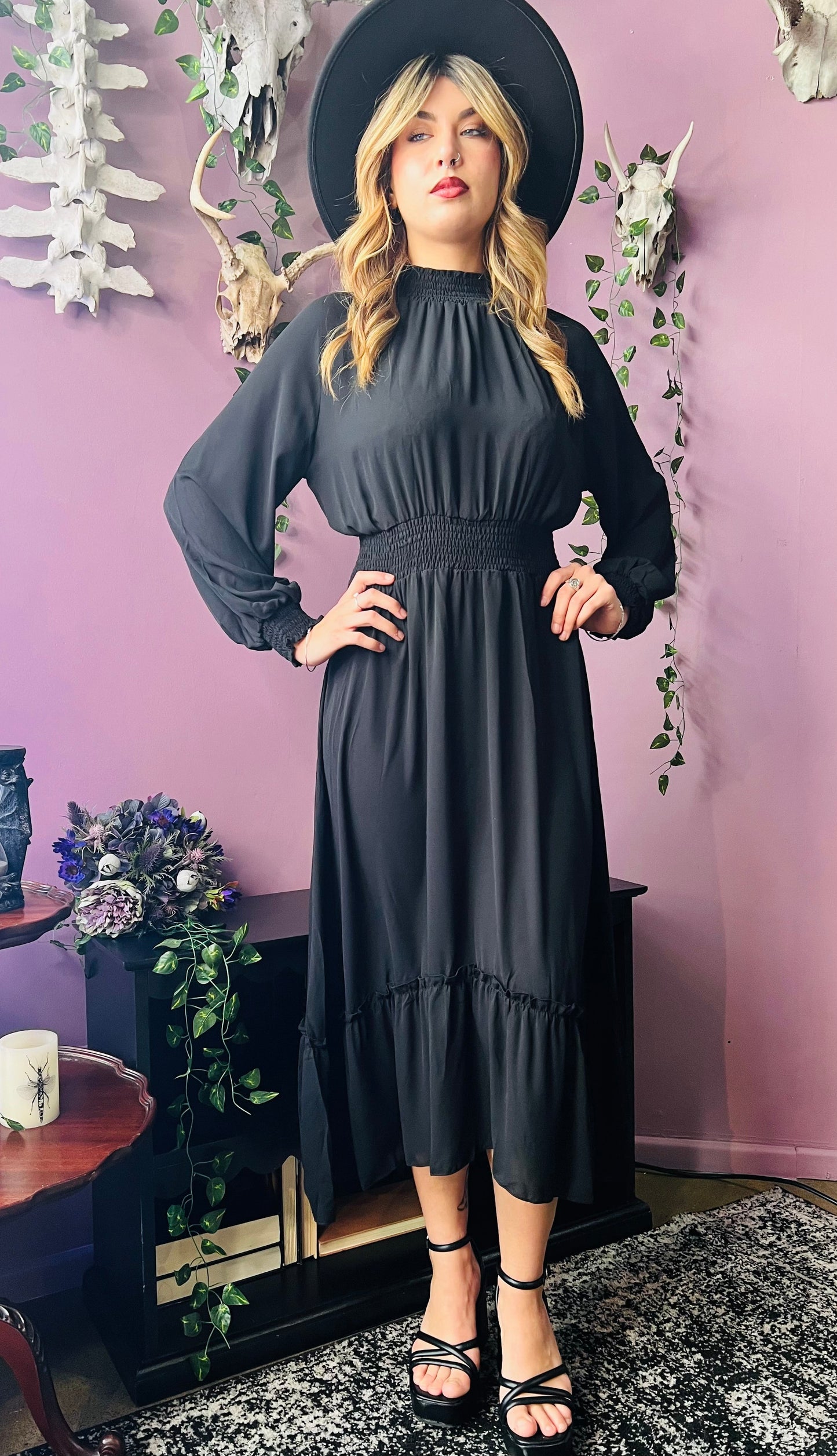 Classic Boho Shirred Black Dress