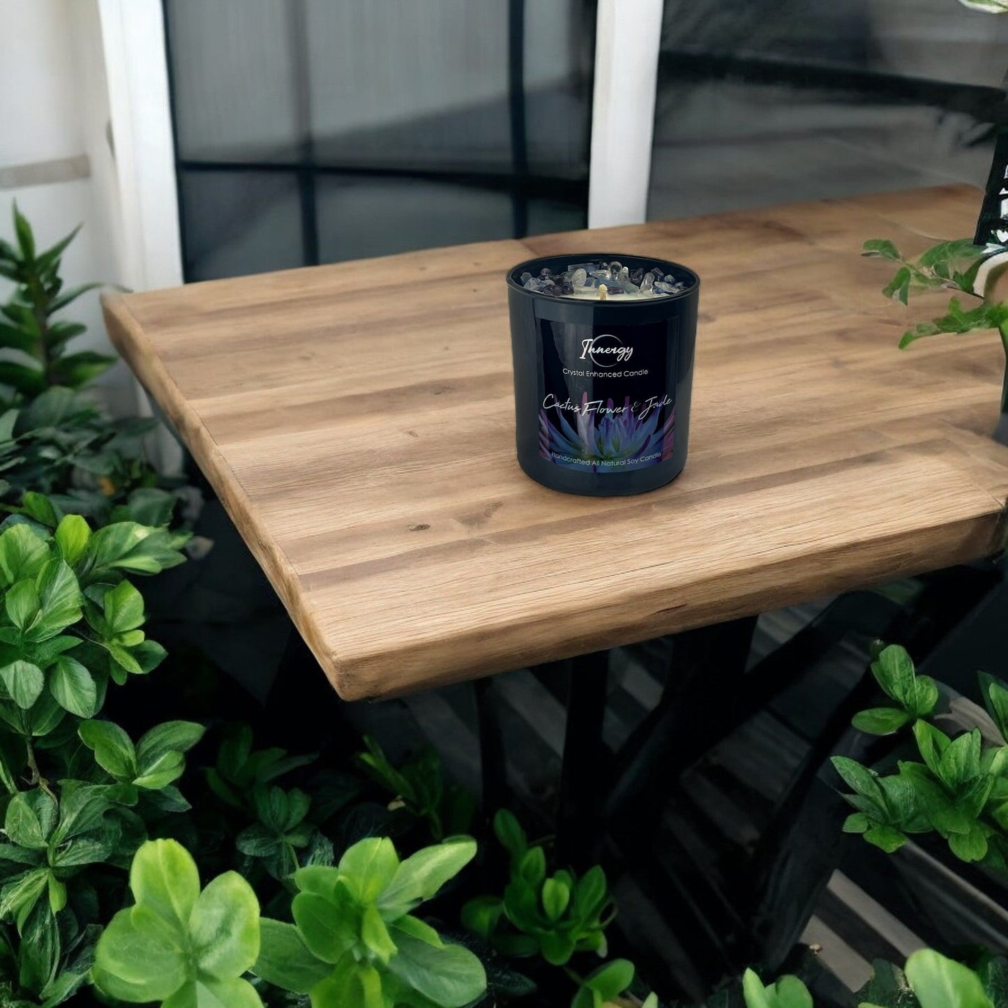 Cactus Flower & Jade Crystal Candle with Kyanite, Amethyst, and Quartz | Coconut-Soy Wax Candle, 9oz