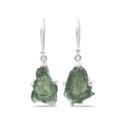 Natural Raw Moldavite Earrings in Sterling Silver