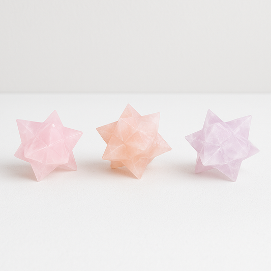 Set of 3 Small Rose Quartz Merkabas – Sacred Geometry Crystals