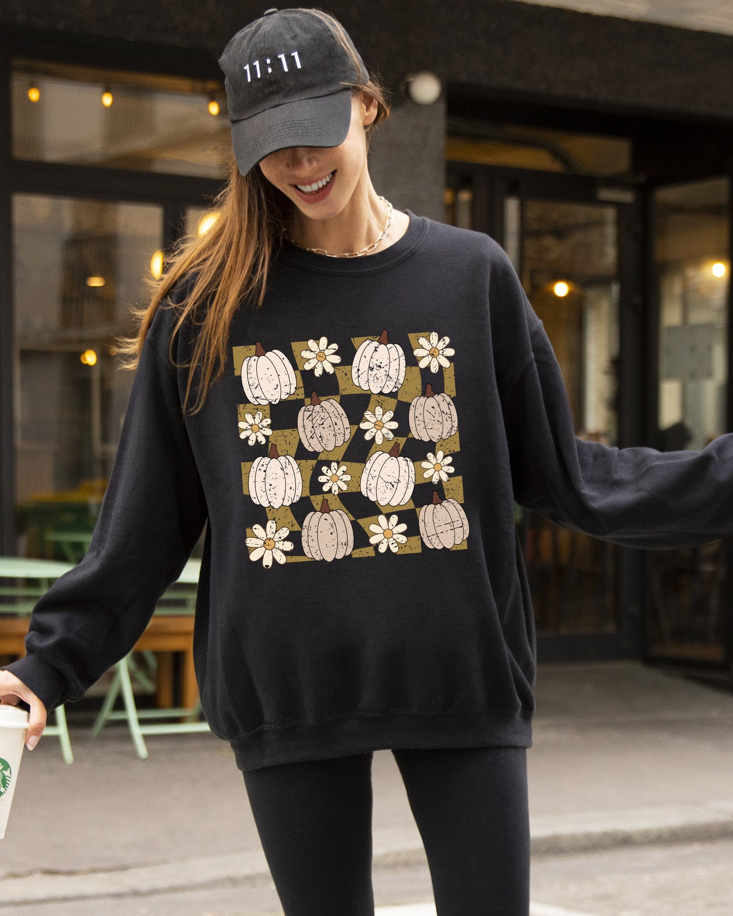 Checkered Pumpkins, Daisies, Flowers, Cute, Retro, Hippie, Positivity, Halloween, Autumn, Fall Sweatshirt