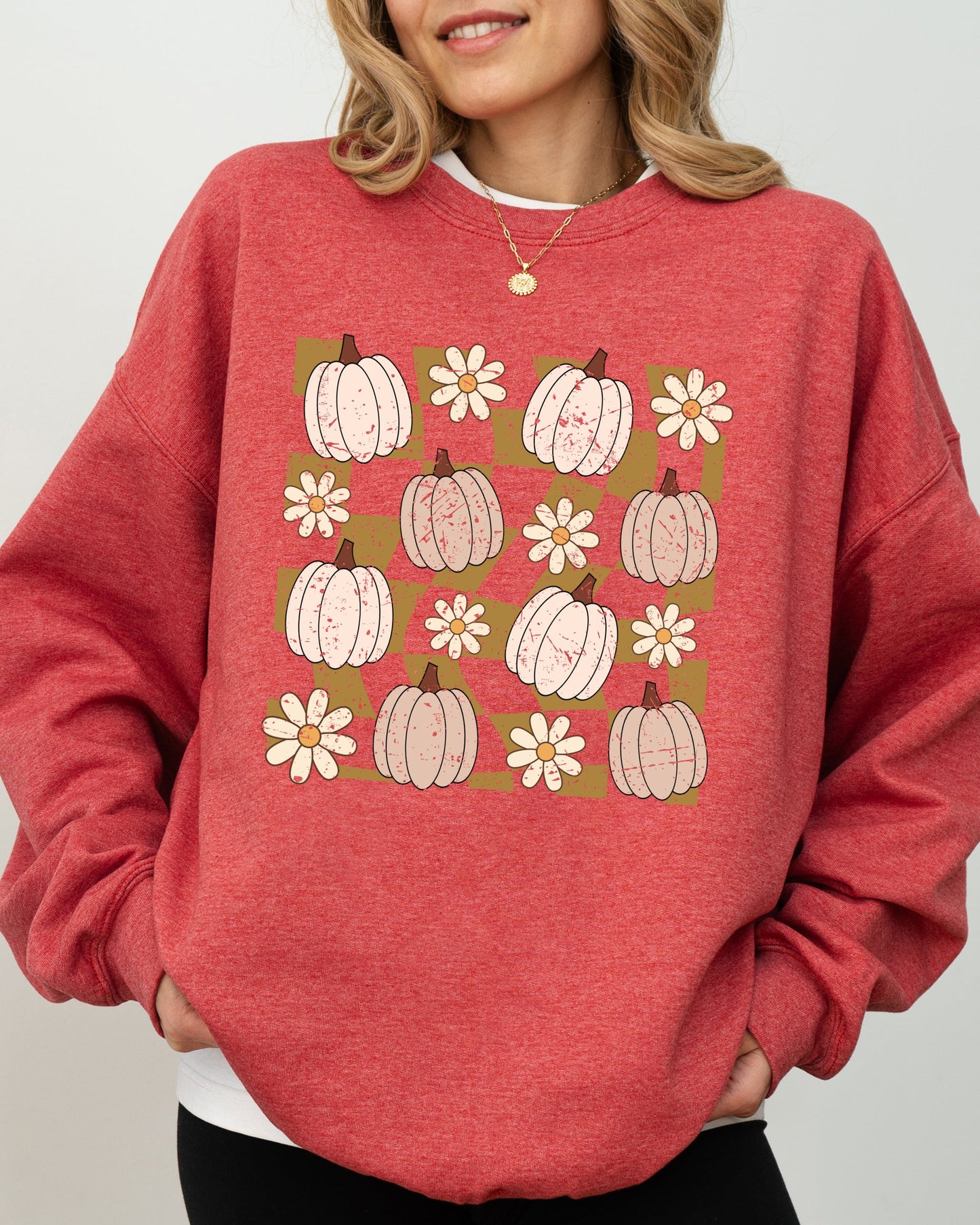 Checkered Pumpkins, Daisies, Flowers, Cute, Retro, Hippie, Positivity, Halloween, Autumn, Fall Sweatshirt