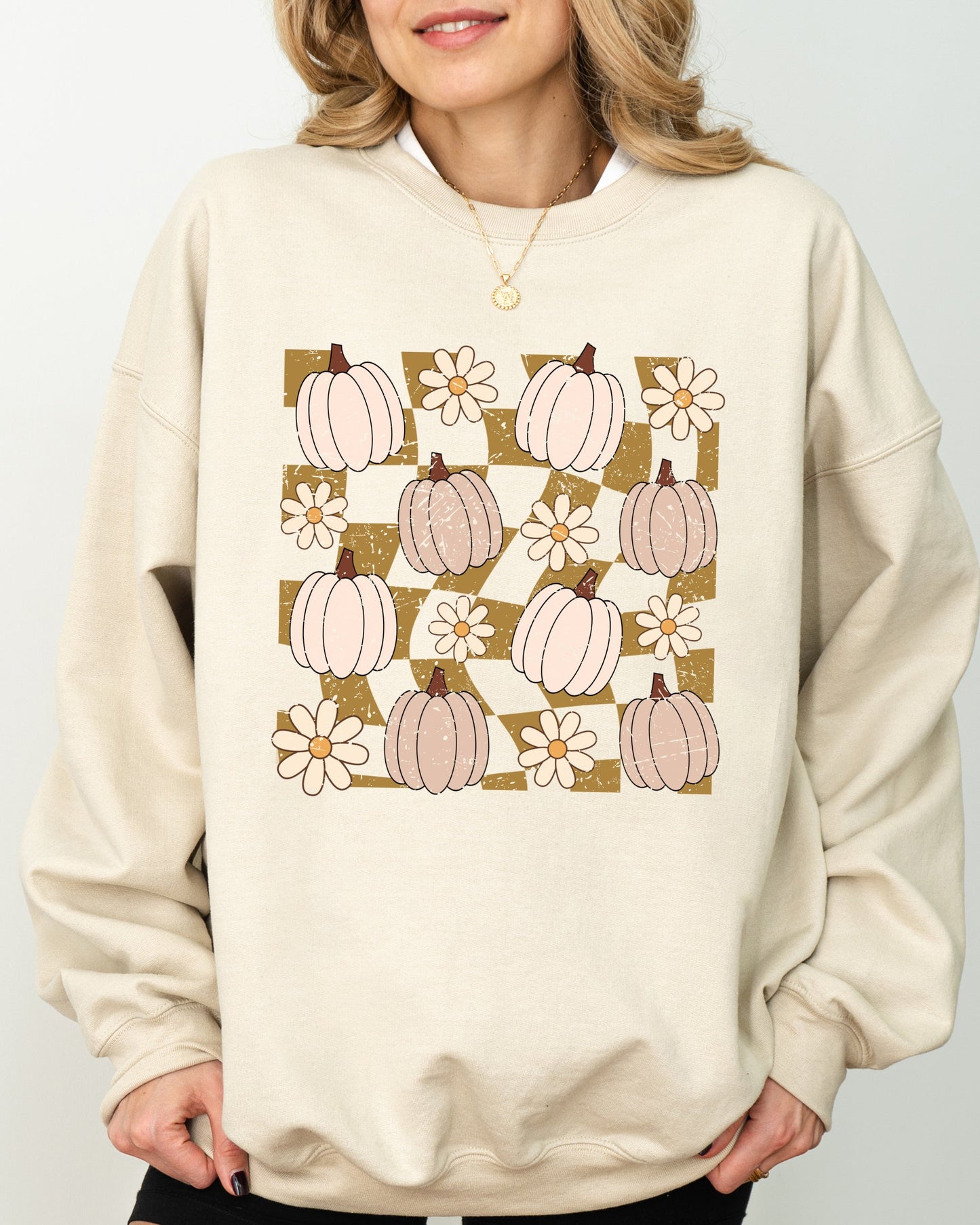 Checkered Pumpkins, Daisies, Flowers, Cute, Retro, Hippie, Positivity, Halloween, Autumn, Fall Sweatshirt