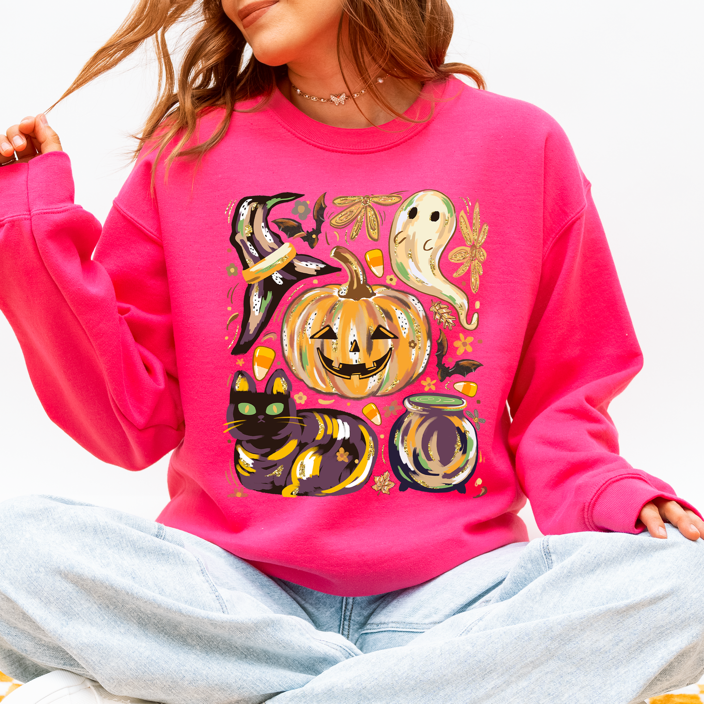 Cute Halloween Painted, Pumpkin, Black Cat, Ghost, Witch Sweatshirt