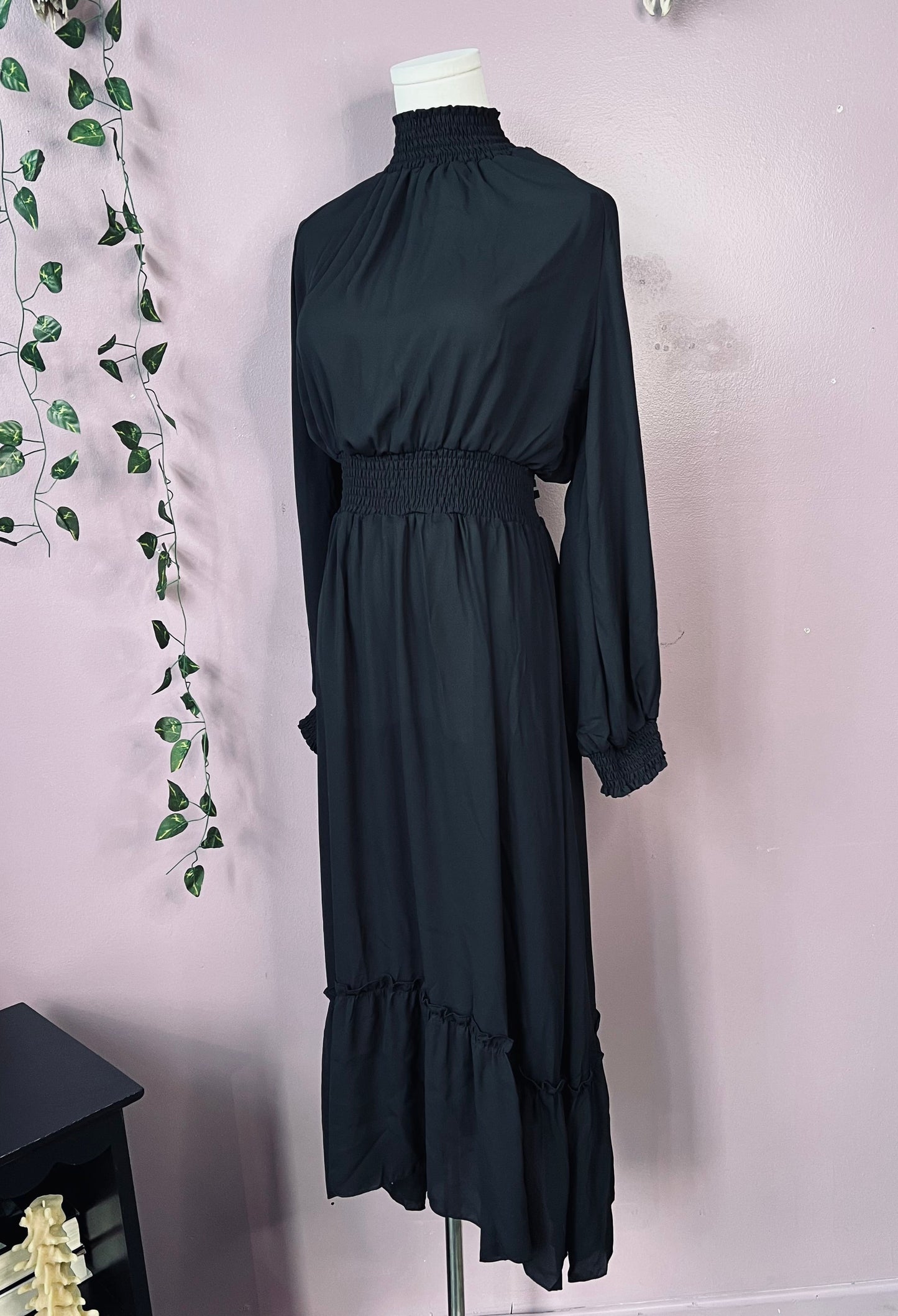 Classic Boho Shirred Black Dress