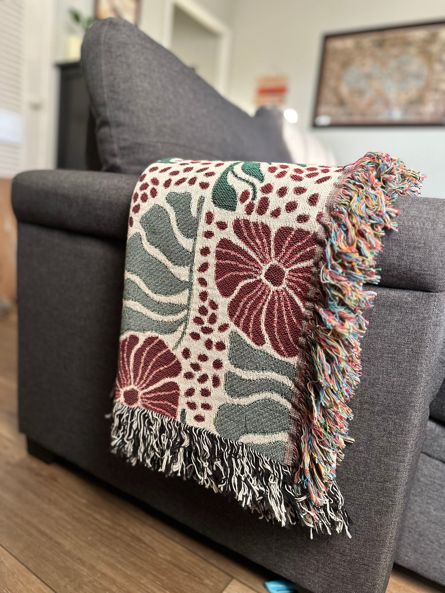 Abstract floral and leaves woven blanket 50x60” clearance Matisse Flowers Woven Blanket with red flowers.
