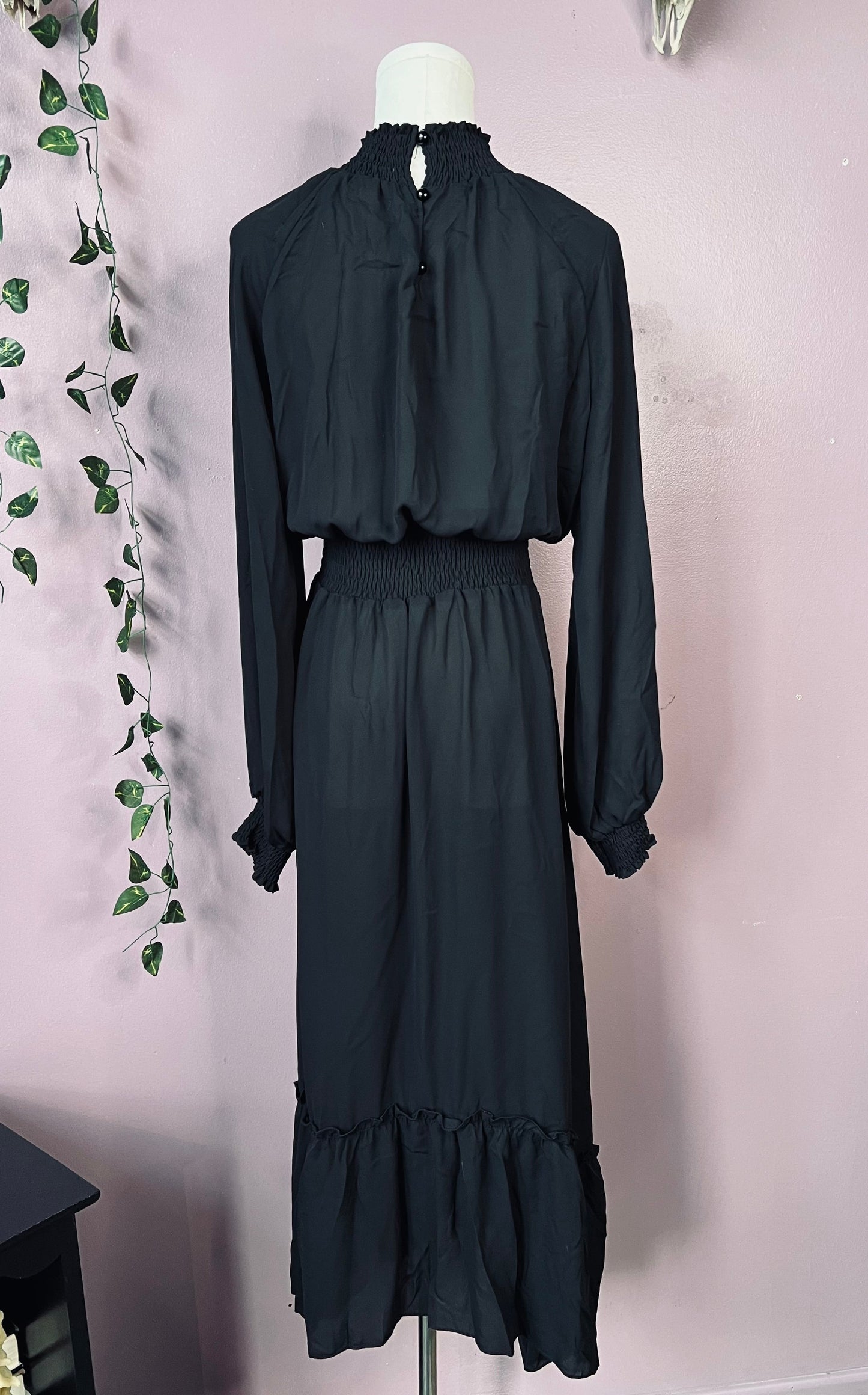 Classic Boho Shirred Black Dress