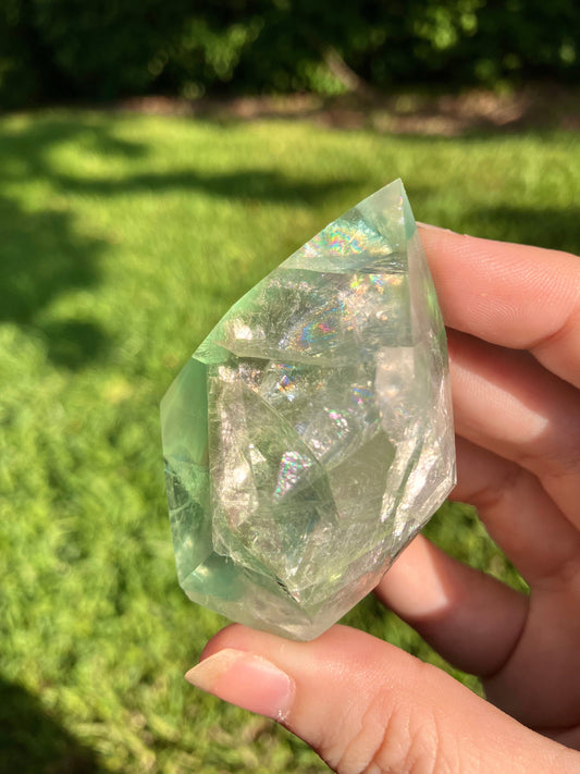 Green Fluorite Faceted Flame – Polished Crystal for Clarity & Healing
