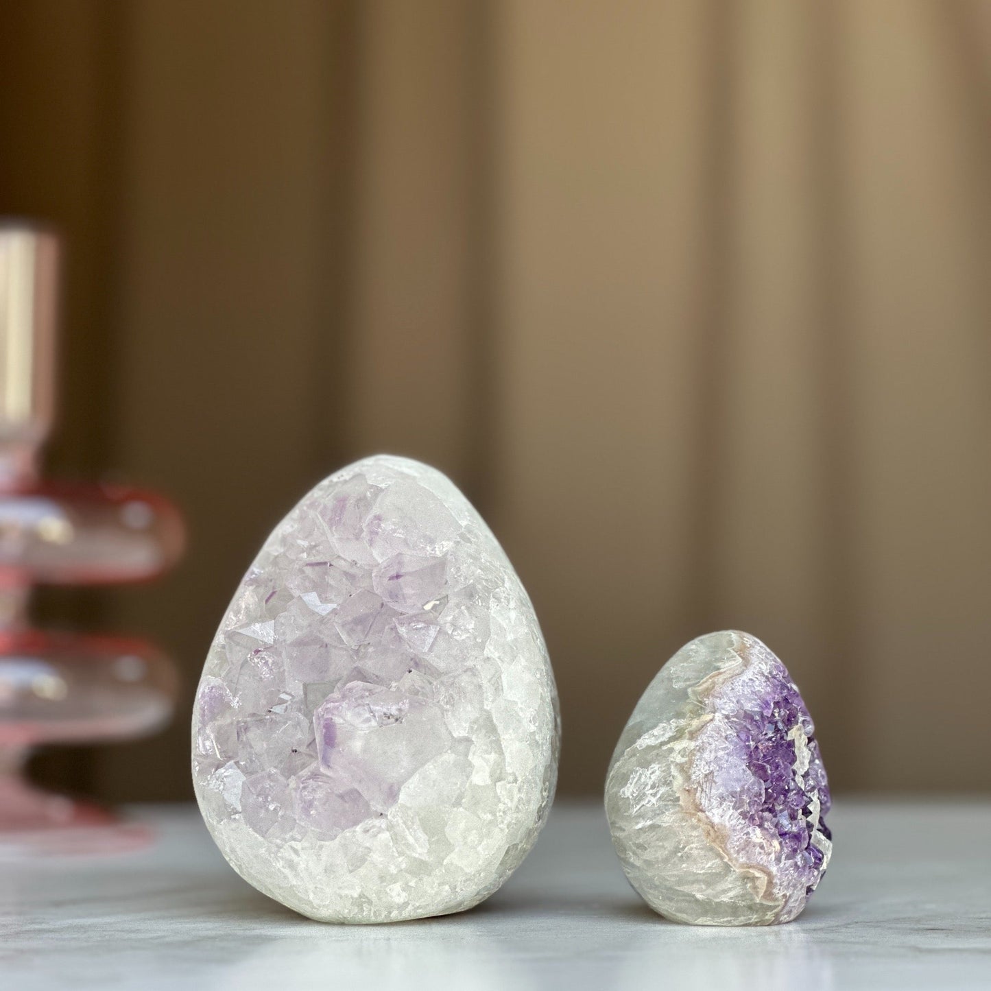Clear Quartz Crystal Egg, Amethyst and quartz pieces, Natural cave shaped polished stones, white quartz geode