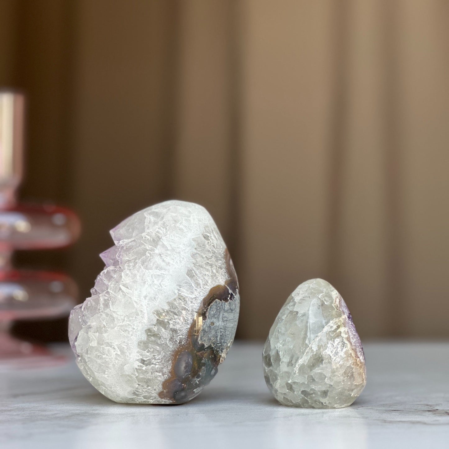 Clear Quartz Crystal Egg, Amethyst and quartz pieces, Natural cave shaped polished stones, white quartz geode
