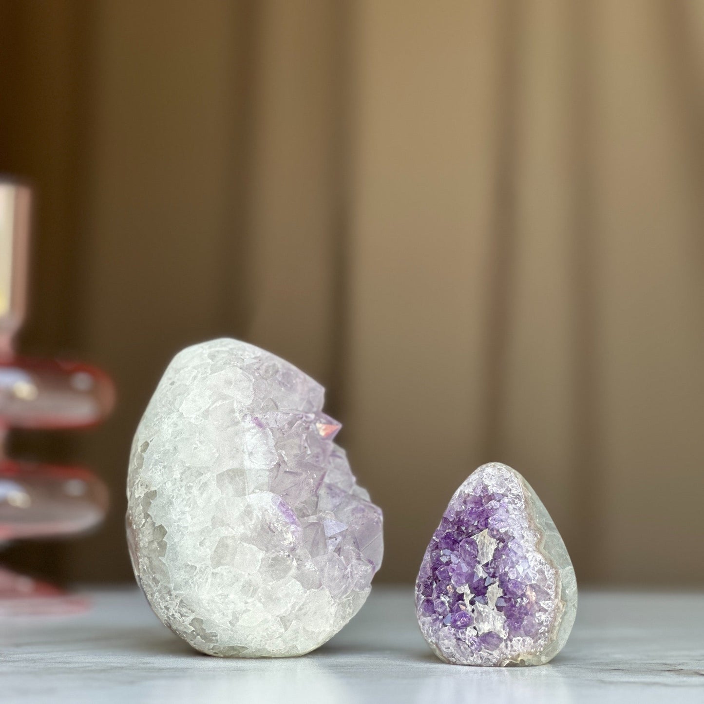 Clear Quartz Crystal Egg, Amethyst and quartz pieces, Natural cave shaped polished stones, white quartz geode