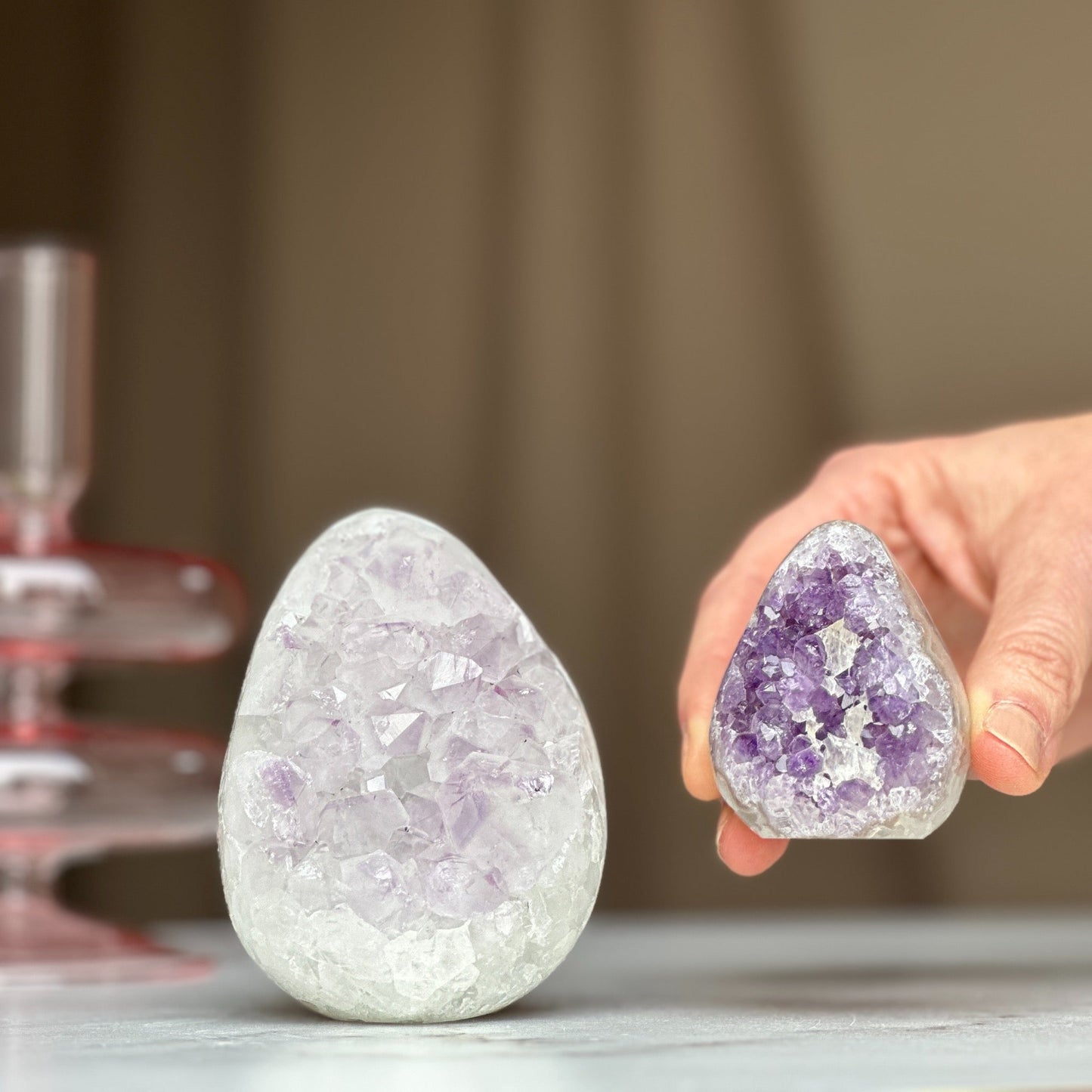 Clear Quartz Crystal Egg, Amethyst and quartz pieces, Natural cave shaped polished stones, white quartz geode