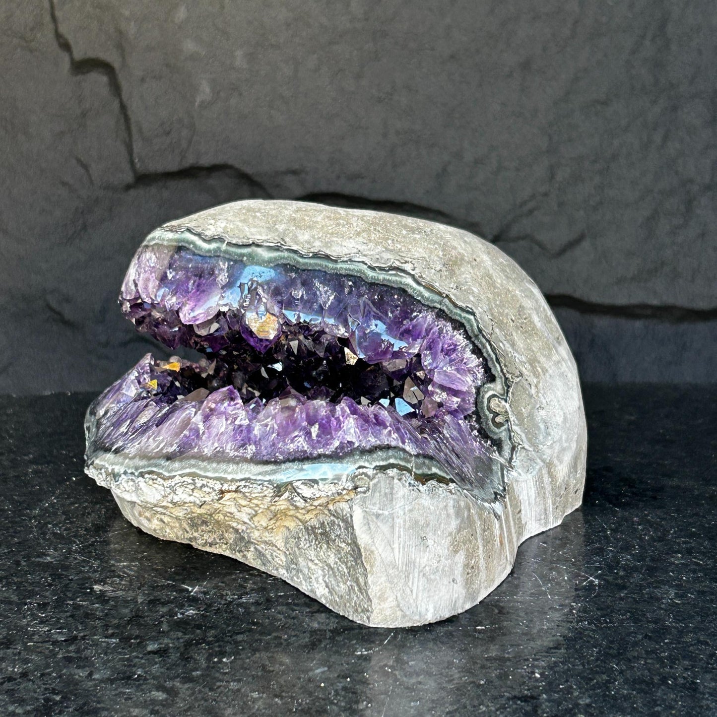 Amethyst with Shiny Crystals, Rare Geode in a strange shape with colorful agate layers, Unique find for collectors