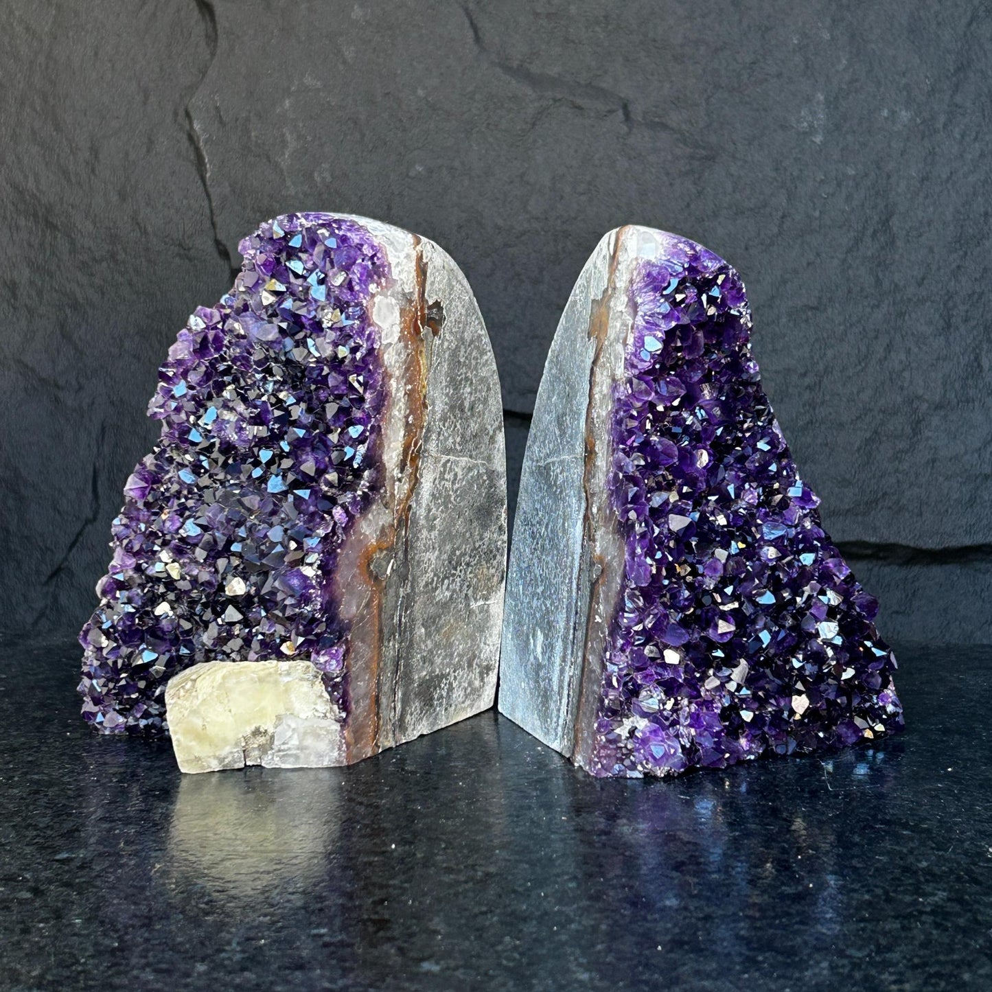 Amethyst bookends, One of a kind set of amethyst and agate geode crystals