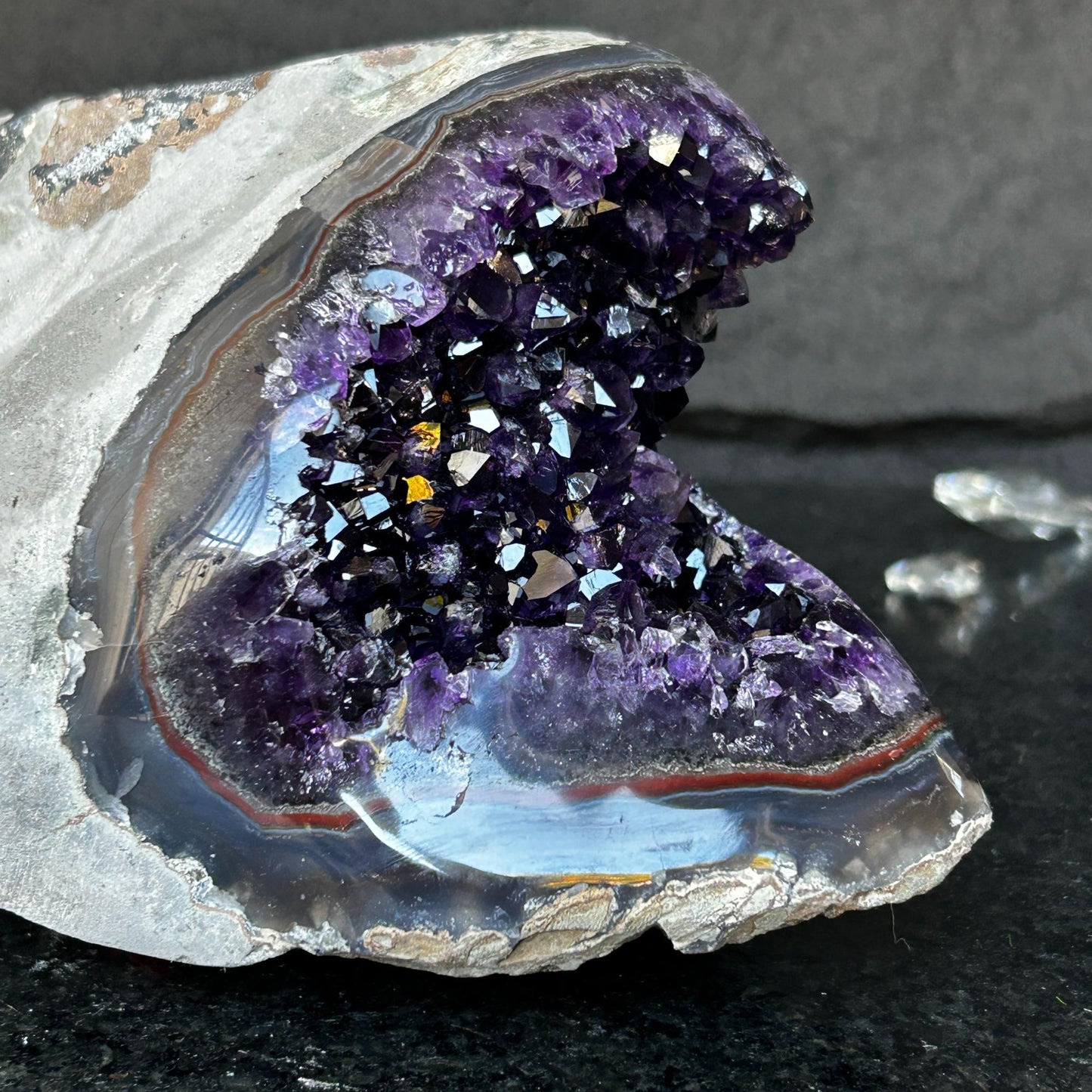 Deep Amethyst Geode Cave with Agate edges, 8+ lbs!!