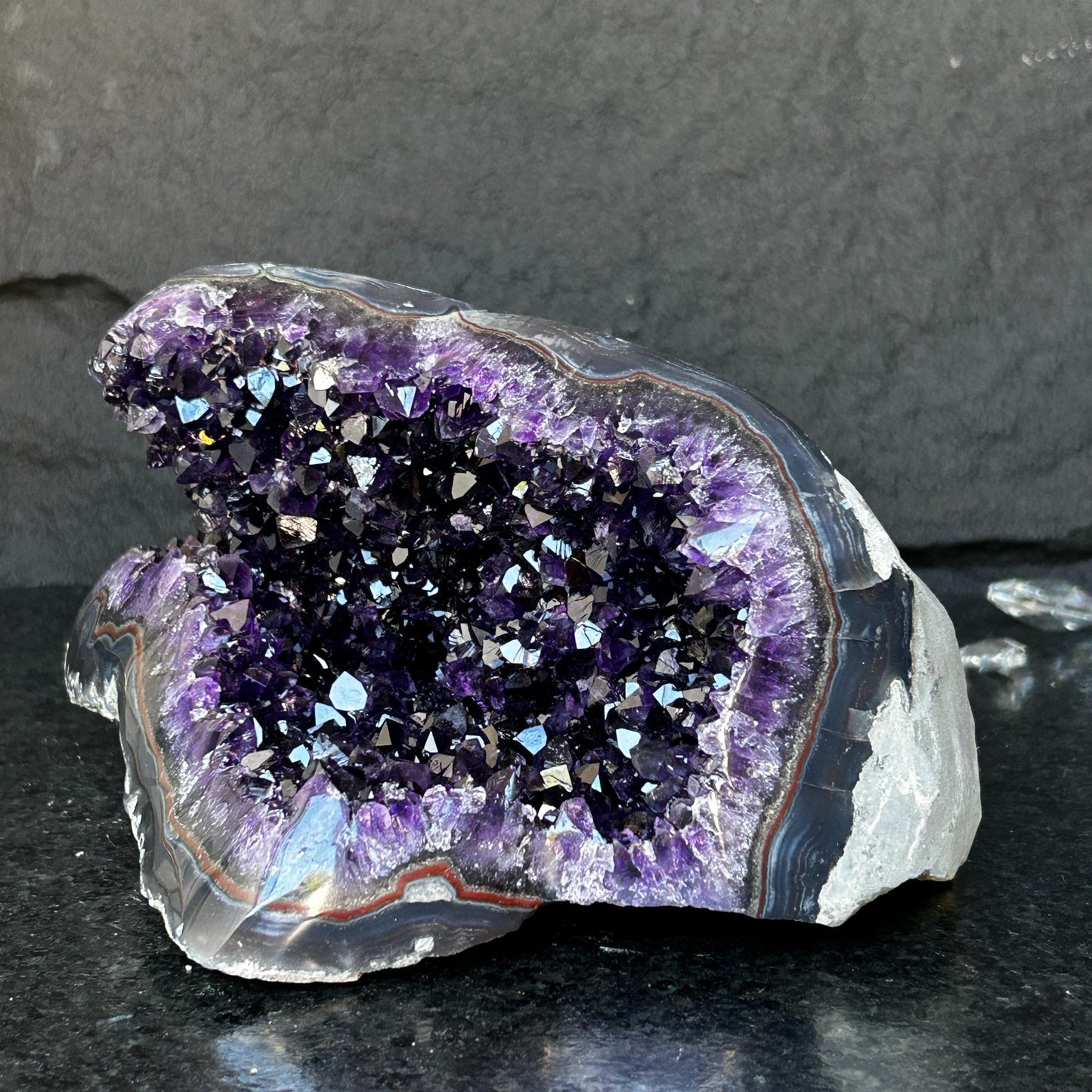 Deep Amethyst Geode Cave with Agate edges, 8+ lbs!!
