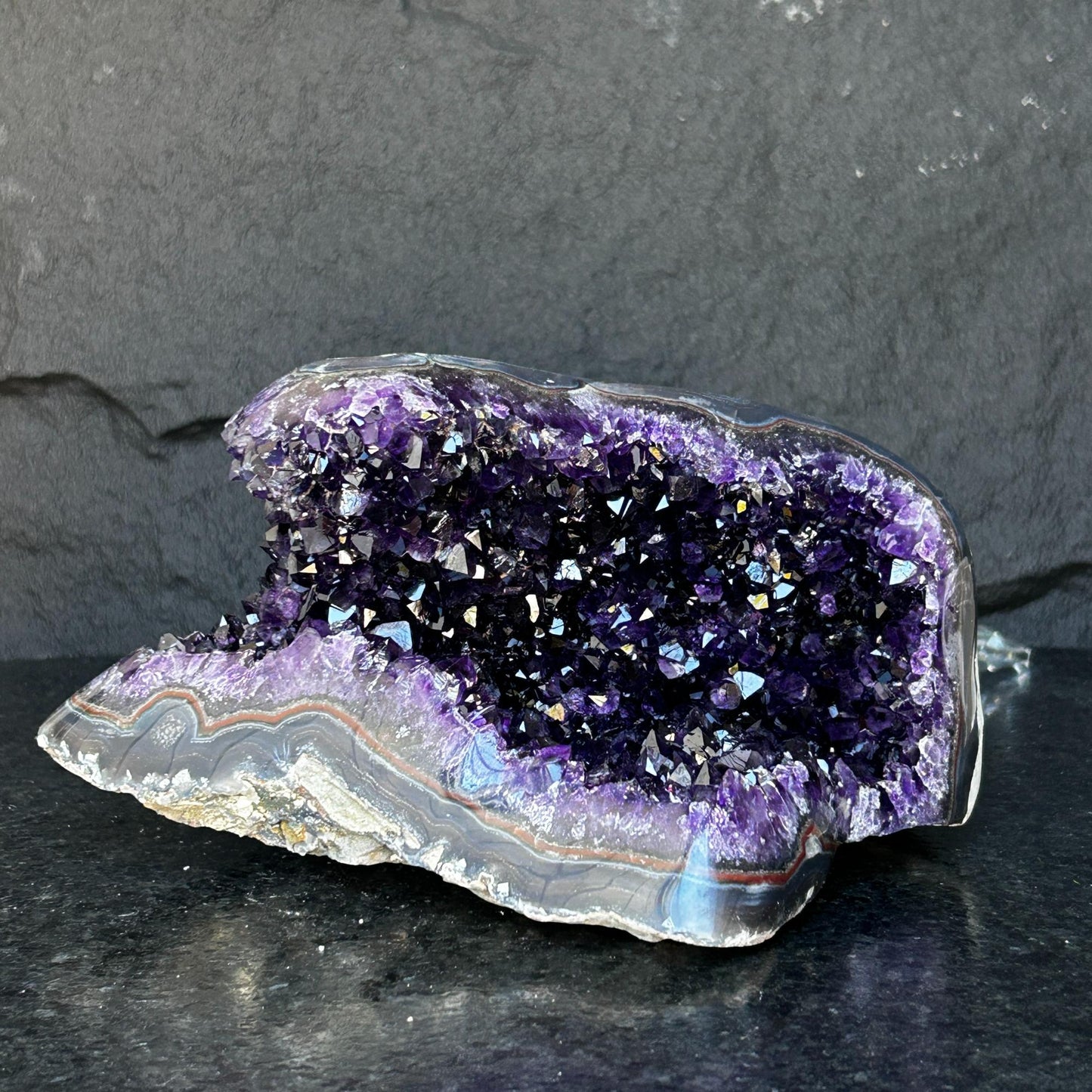 Deep Amethyst Geode Cave with Agate edges, 8+ lbs!!