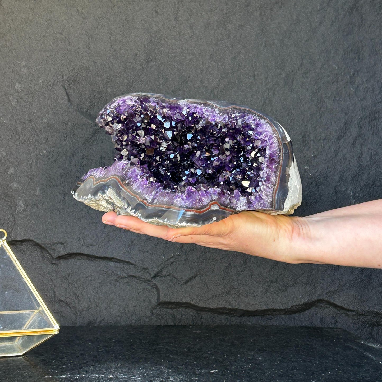 Deep Amethyst Geode Cave with Agate edges, 8+ lbs!!